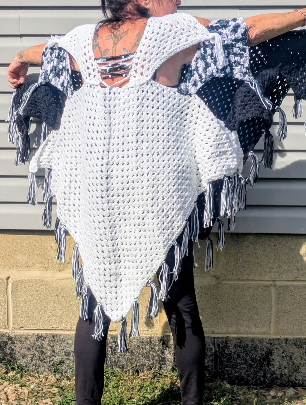 Handmade White and Black Crochet Fringe Poncho